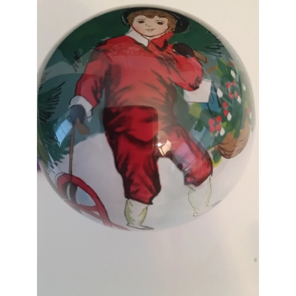 Vintage Style Christmas Ball Ornament Child with Sled and Tree Green Red Gold